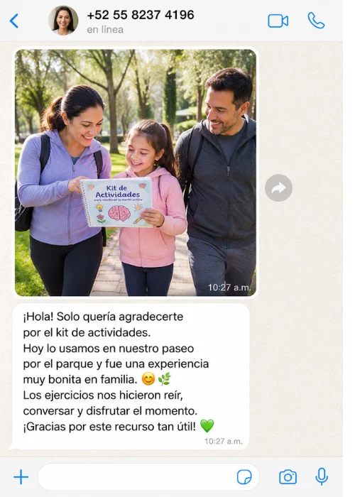 Mensaje recibido: agradecen por el kit de actividades usado en un paseo familiar