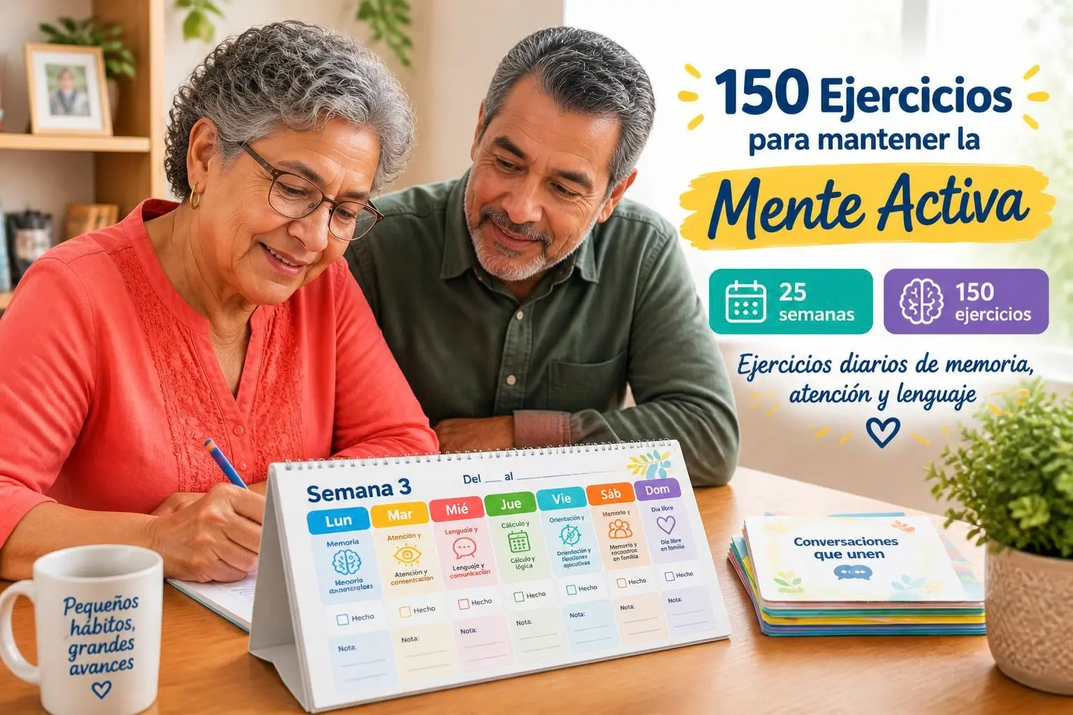 Pareja de adultos mayores usando el calendario de 150 ejercicios para mantener la mente activa