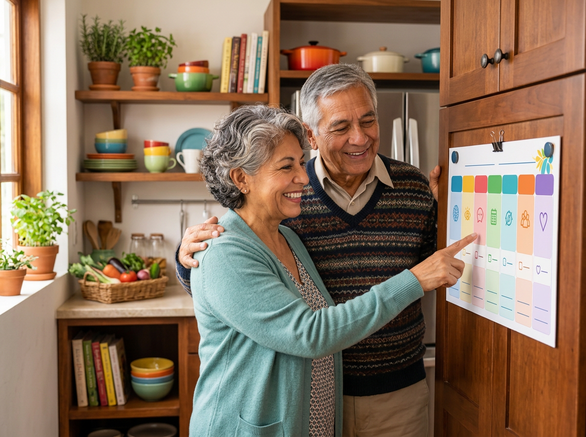 Pareja de adultos mayores frente al calendario semanal
